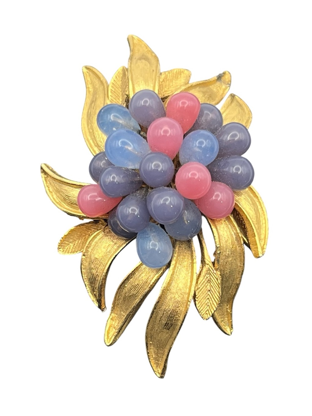 CoroCraft signed vintage gold tone purple & pink teardrop beaded brooch pin